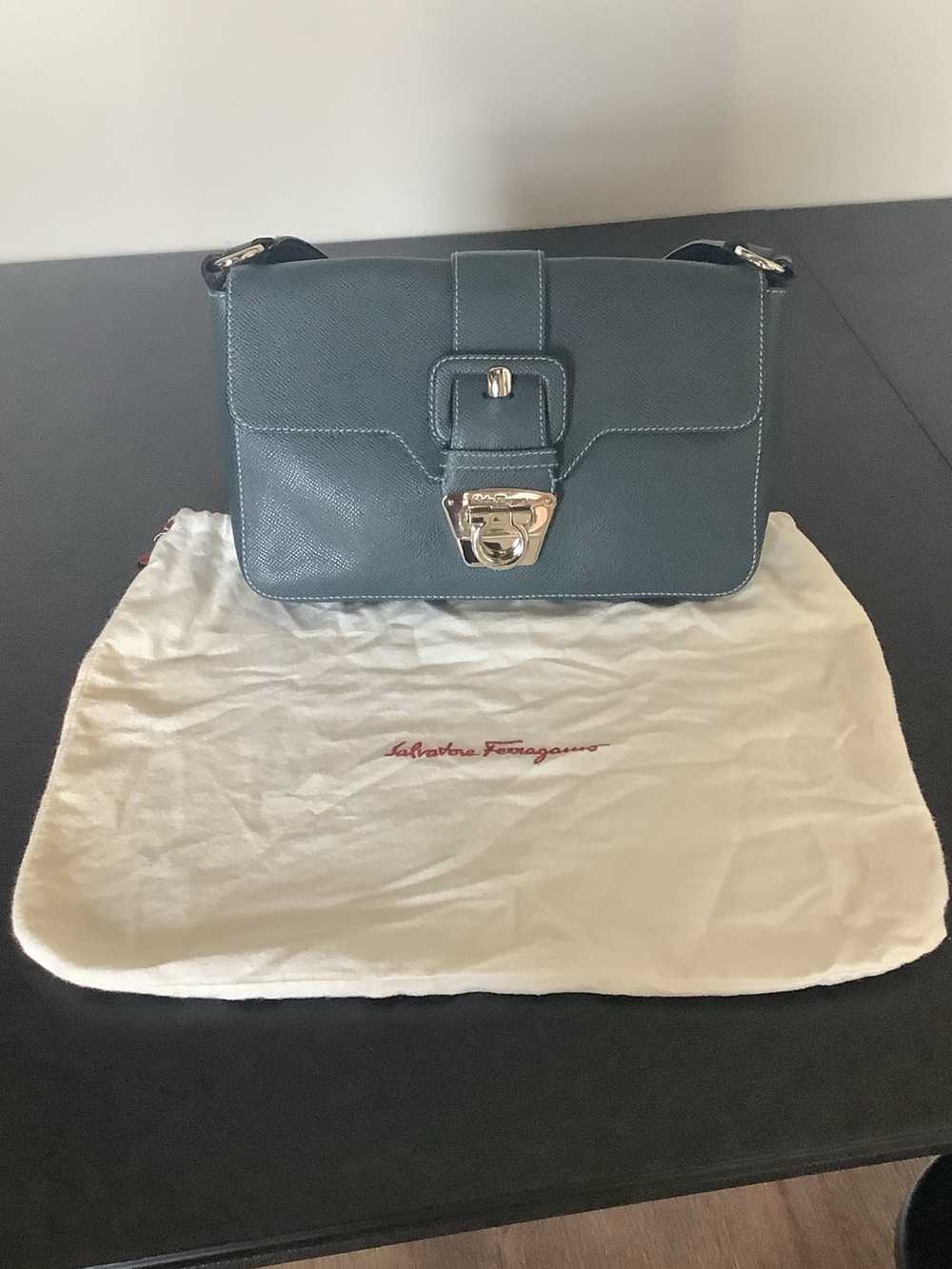 Salvatore Ferragamo Teal Leather Crossbody Bag with Silver Hardware